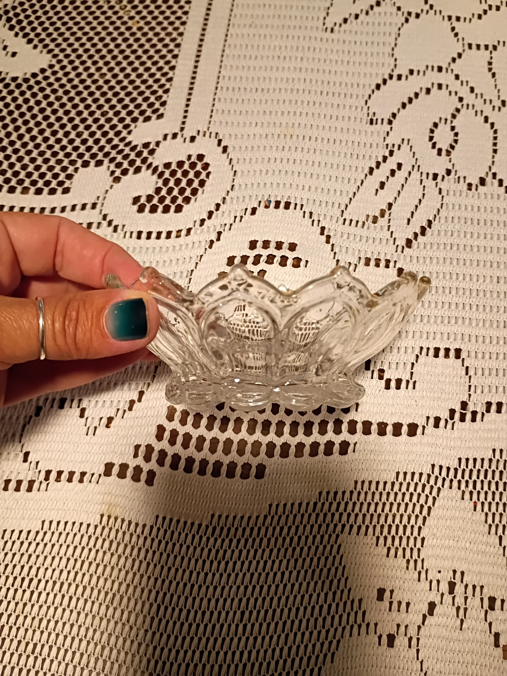 Clear Pressed Glass Candy Dish - Floral Scalloped Edge